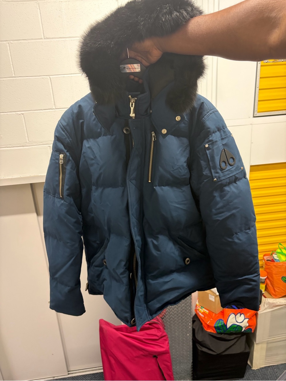MENS Navy Down Puffer Jacket with Faux Fur Hood